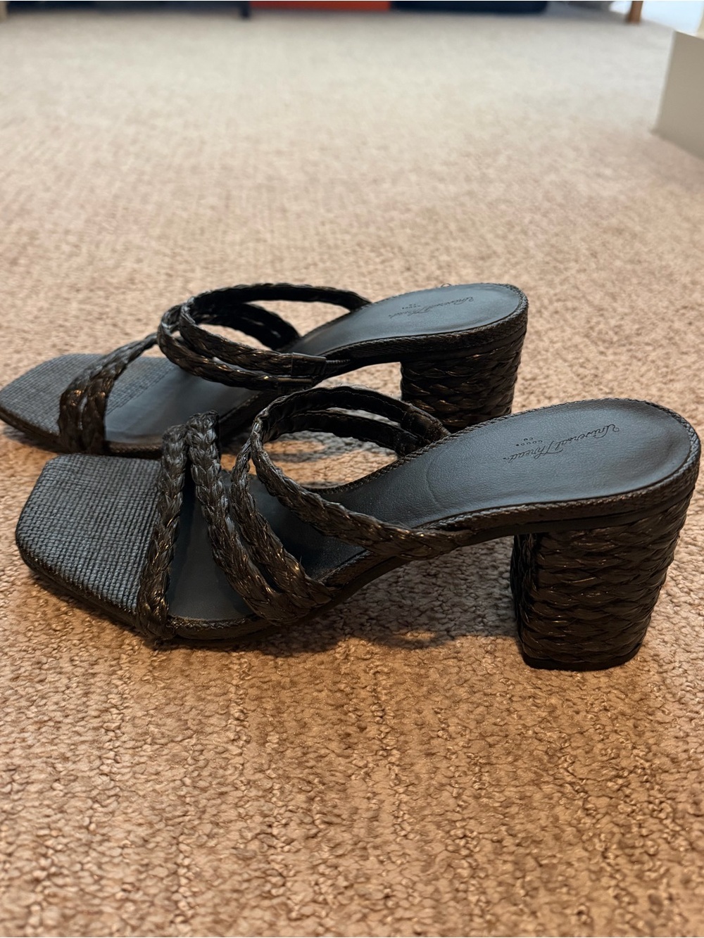 Woven Strap Block Heel Sandals - Black